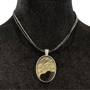 KC Kenneth Cole Necklace Gray Black Beaded Oval Pendant